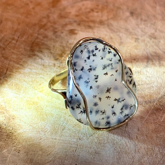 Spectacular Translucent Dendritic Agate Ring 14k Solid Gold (6.5) - Picture 5 of 16